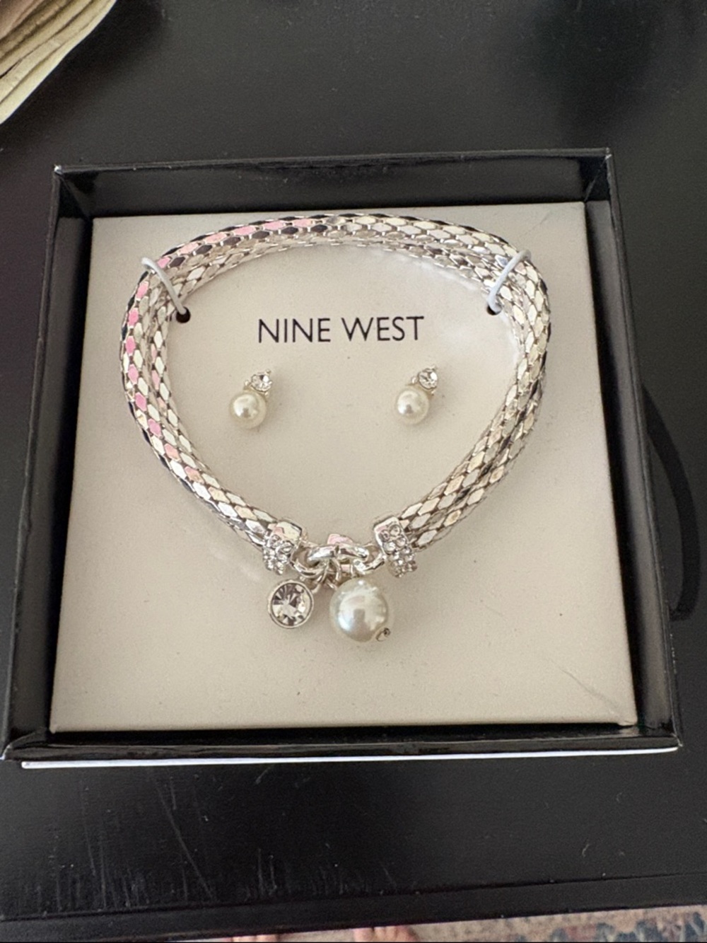 Nine West Silver Braided Bracelet with Pearl Charm and Stud Earrings Set. NIB